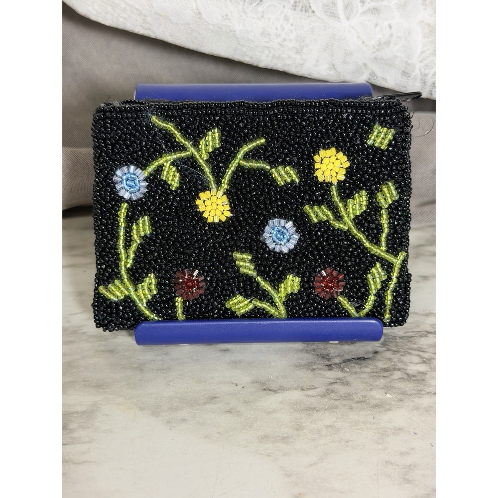 Barse Beaded Coin Purse Zip Close Black & Multicolor 4x3 (A3151)